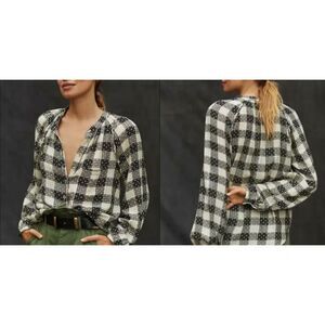 Anthropologie Womens Pilcro Breezy Button Shirt Wool Blend Plaid Peasant Boho XS